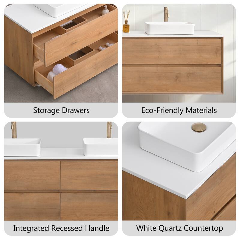 Sylphar 84 inch Toffee Oak Floating Bathroom Vanity with White Quartz Top