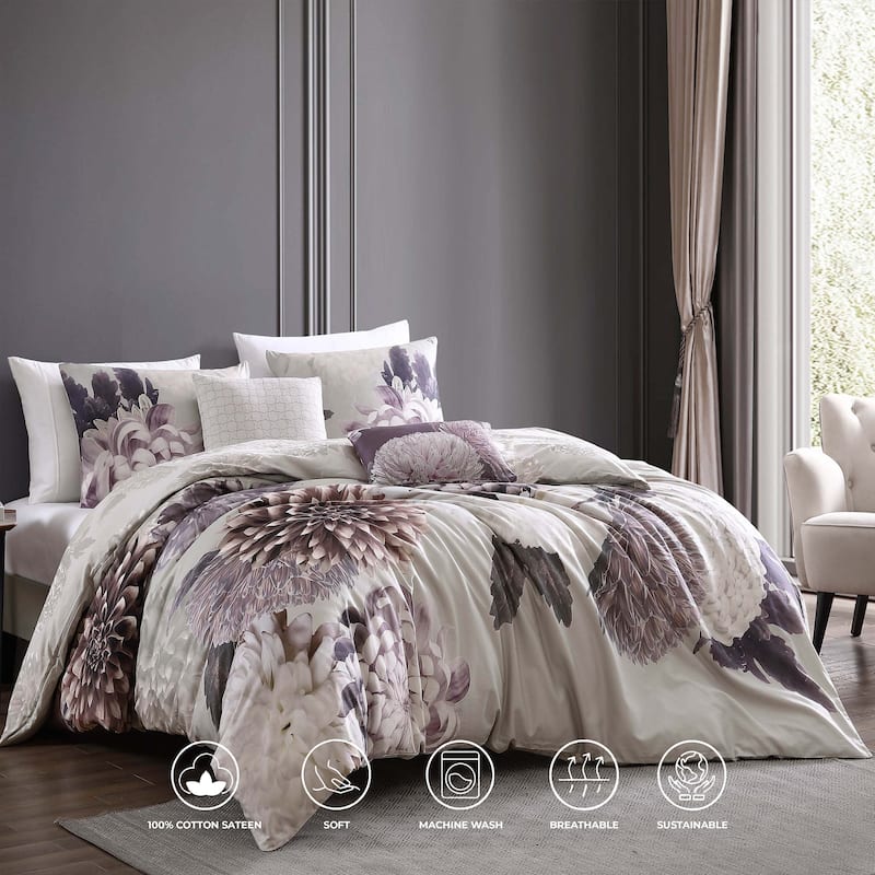 Bebejan Dahlia Purple 100% Cotton Sateen 5 Piece Reversible Comforter Set