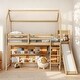 preview thumbnail 2 of 22, Twin Size Wood House Loft bed with Slide, Storage shelves & Light, Climbing Ramp, Wood Color
