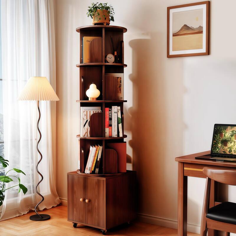 360° Rotating 5-Tier Bookshelf - Compact Corner Design with Storage Drawer for Bedroom/Living Room‌