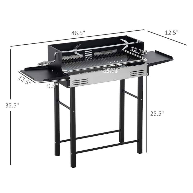 Outsunny BBQ Rotisserie Grill Roaster Charcoal Spit Roasting Machine for Chicken Turkey w/ Grill Grate, Shelves & Wind Deflector