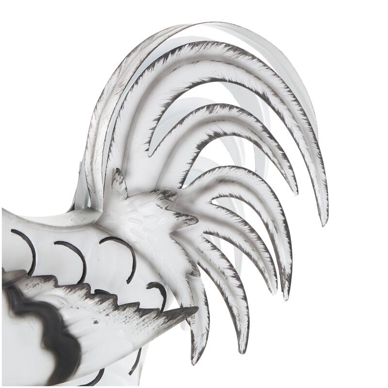 White Metal Rooster Garden Sculpture with Black Texturing and Red Accents