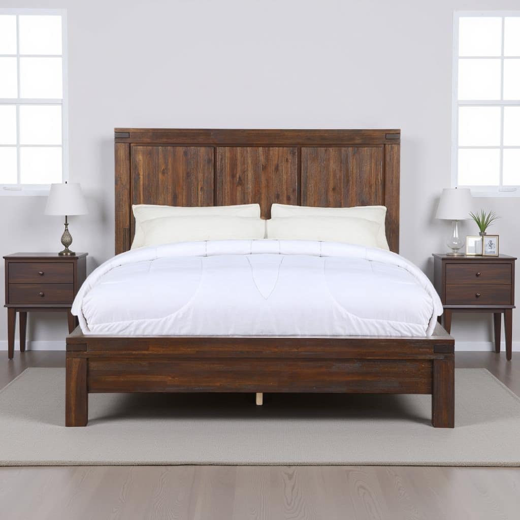 Pim Solid Acacia Wood Platform Queen Bed, Panel Headboard, Rustic Brown