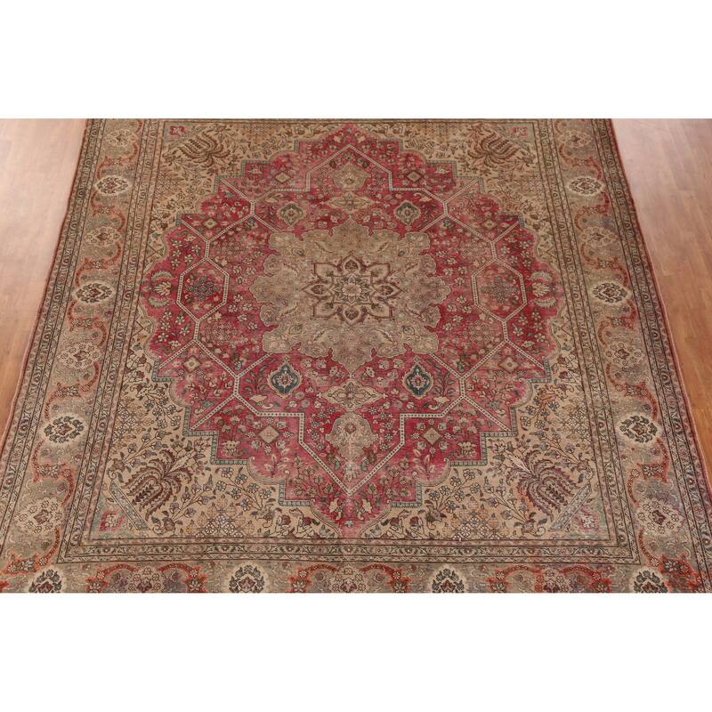Hand Knotted Oriental 100% Wool Carpet Traditional Medallion Pink Tabriz Area Rug - 12' 9'' X 11' 1''