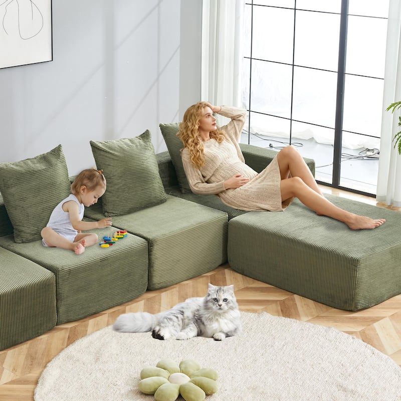 4-Seat Modular Sofa Sectional with Oversized Chaise & Ottomans Cloud Couch in Soft Corduroy Fabric