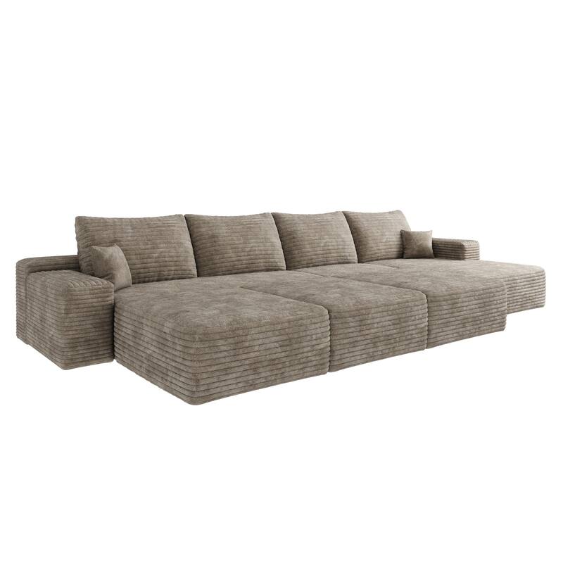 Oversized Modular Sleeper Sofa Bed Floor Standing Sectional Couch Corduroy Upholstered Compression Sofa with Chaise and Ottomans