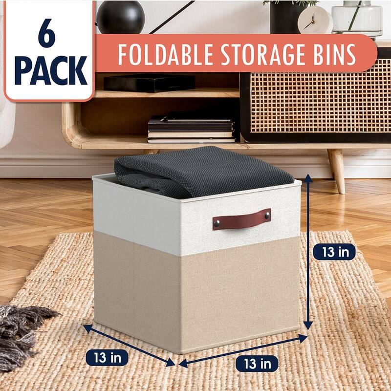 Foldable Collapsible Storage Box Bins Linen Fabric Shelf Basket Cube Organizer with Leather Handles - Set of 6