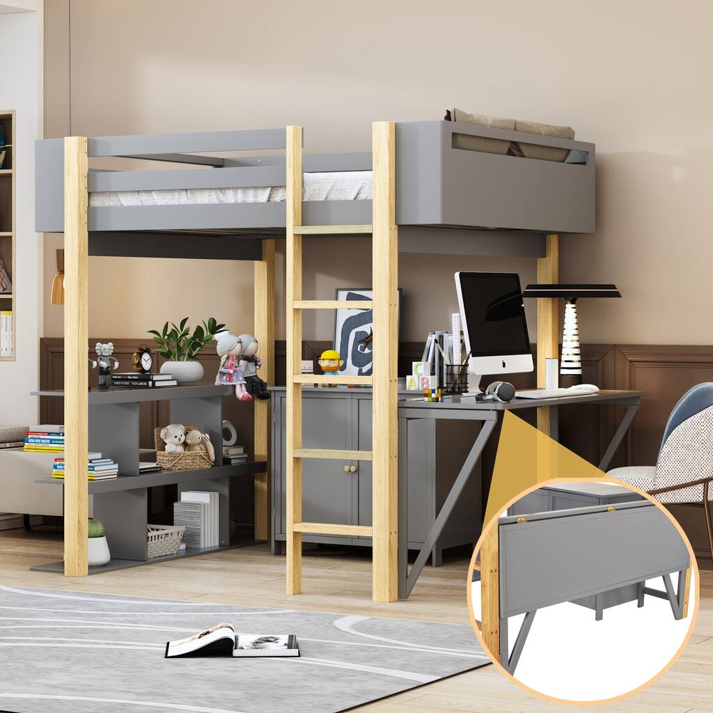 Full Size Wood Loft Bed With Built-in Storage Cabinet and Cubes, Foldable desk, Grey