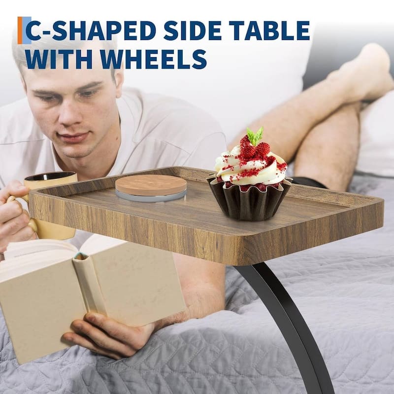 C-Shaped Side Table with Wheels, End Table for Small Spaces
