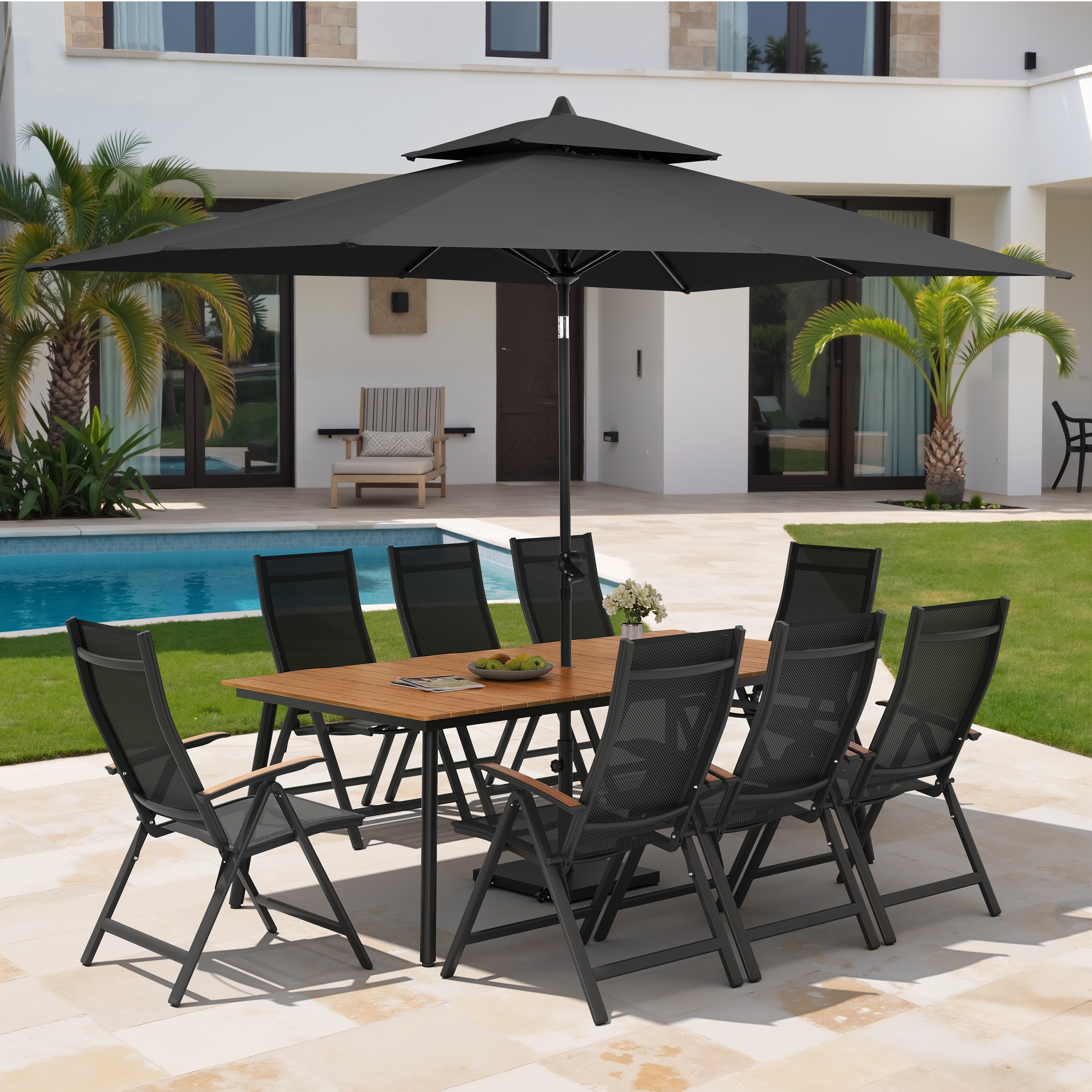 11PC Outdoor Patio Dining Set Aluminum Table with Folding Armchairs w/ Premium Market Umbrella Sets