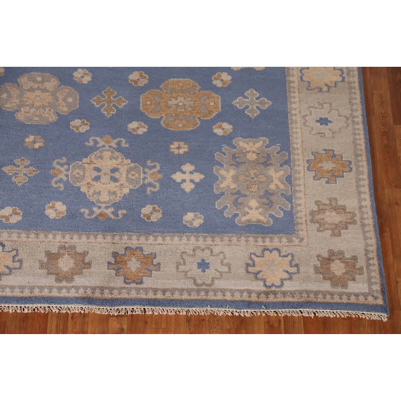 Blue Geometric Oushak Area Rug Hand-Knotted Oriental Wool Carpet - 8'3" x 9'10"
