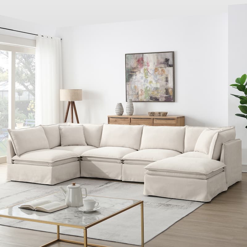 125.5" Modular Sectional Sofa with Movable Ottoman,6-seat L pholstered Indoor Furniture, Wide Seat