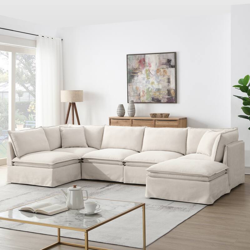 L Shaped Modular Sectional Chenille Sofa with Movable Ottoman - White