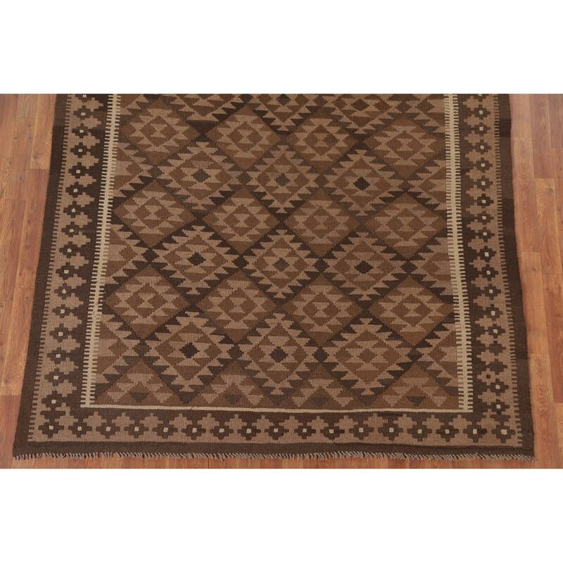 Hand Woven Oriental 100% Wool Carpet Southwestern Geometric Brown Kilim Area Rug - 9' 6'' X 6' 7''