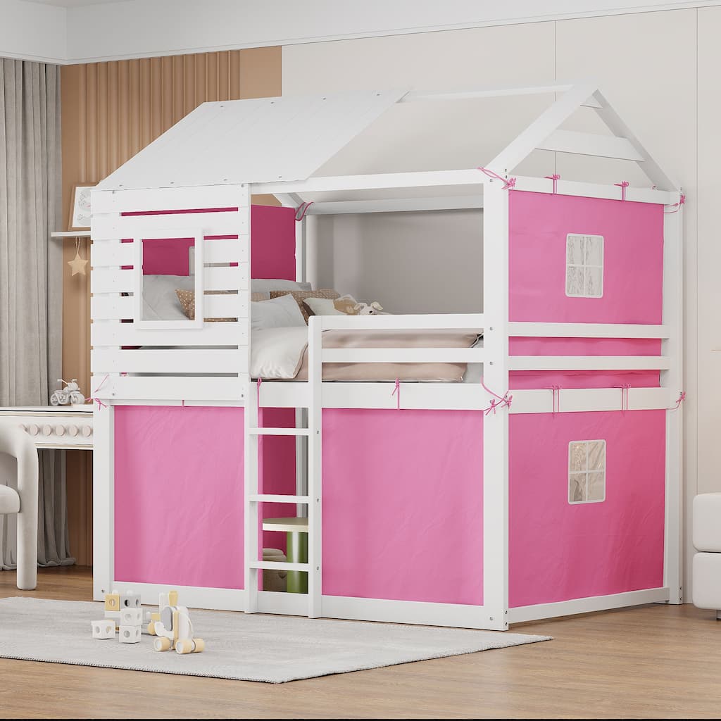 Pink+White Full Size Solid Wood House Bunk Bed with Tent, Ladder and Fence for Kids, Bedroom
