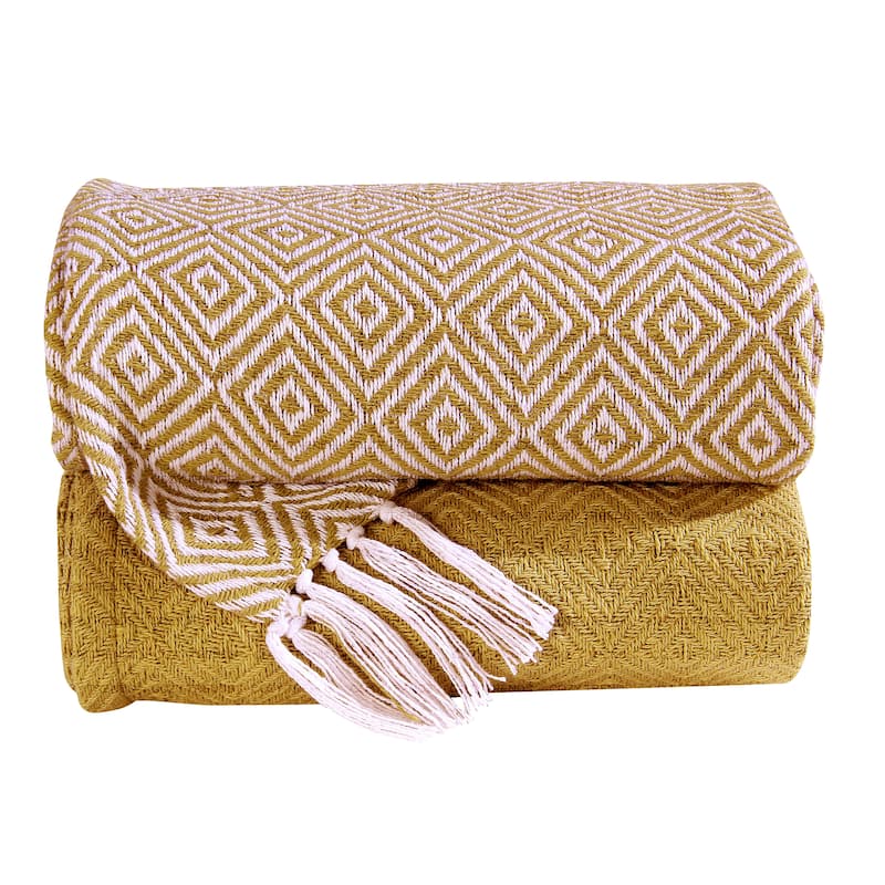 Luxurious 100-percent Cotton All Season Soft Throw Blanket (Set of 2) - MUSTARD