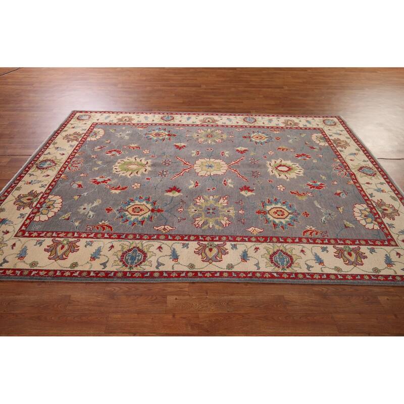 Gray Floral Oushak Oriental Area Rug Hand-Knotted Wool Carpet - 6'0" x 8'11"