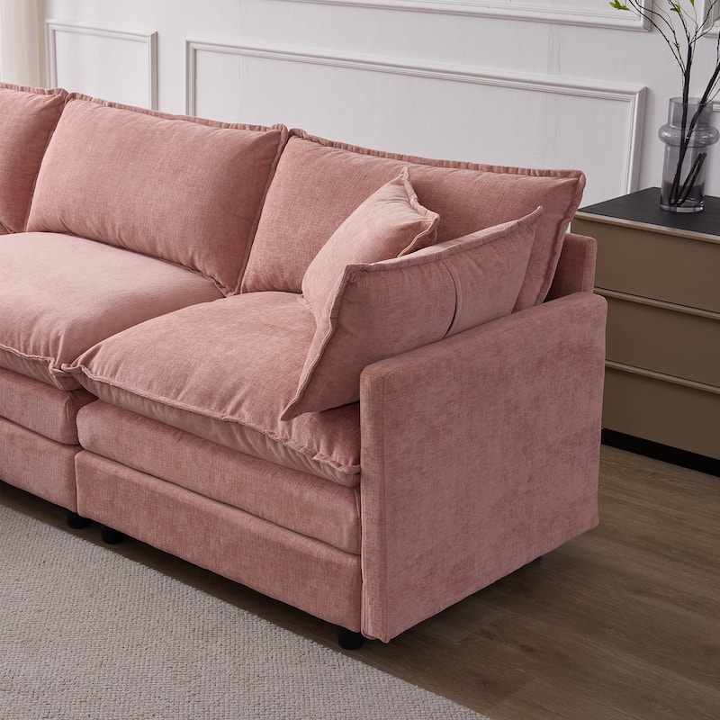 Chenille Upholstered L-shaped Sectional Sofa 3 Seater Modular Couch with Ottoman, Pillows and Double Layer Seat Cushions
