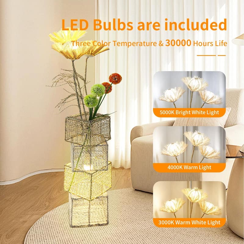 Pastoral Led Floor Lamp Hand-Woven Rattan Wicker