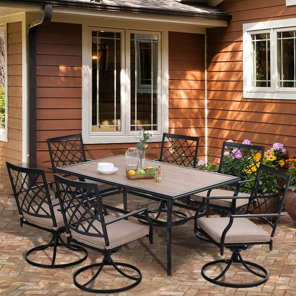 Shop Phi Villa Outdoor Patio Dining Set Of 7 Steel Furniture Set 6 Swivel Chairs With 1 Rectangular Umbrella Wood Like Table On Sale Overstock 32076133