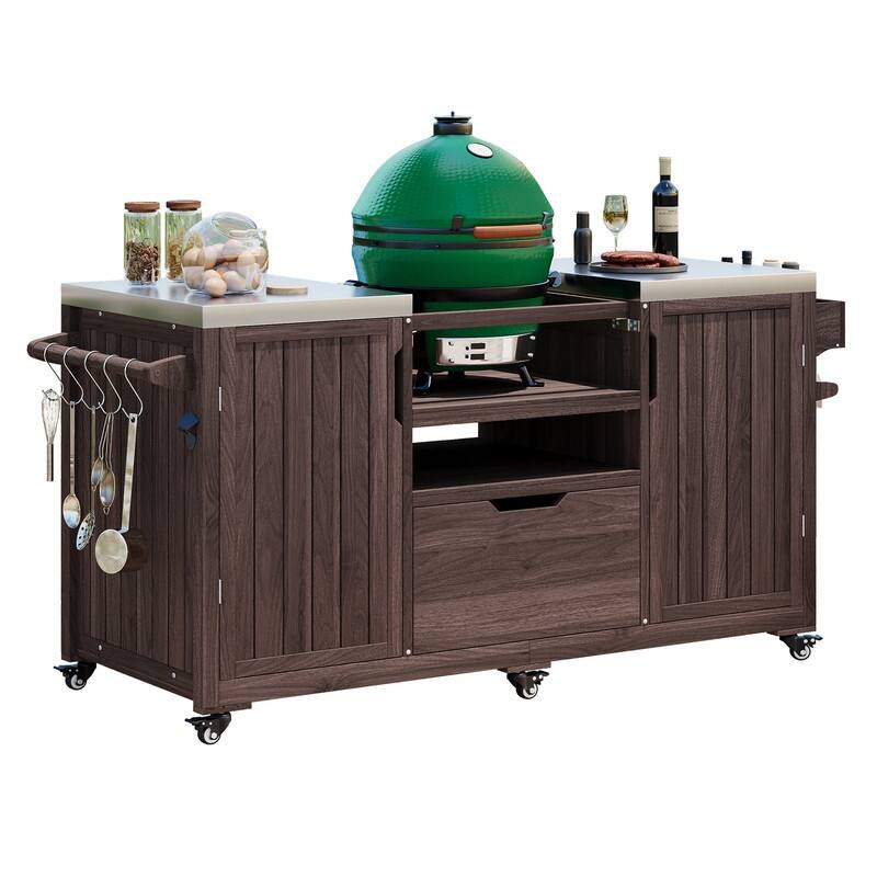 Outdoor Kitchen Island for Big Green Egg Grills, Solid Wood Outdoor Grill Cart w/Stainless Steel Top &Drawer, Patio Kitchen Cart