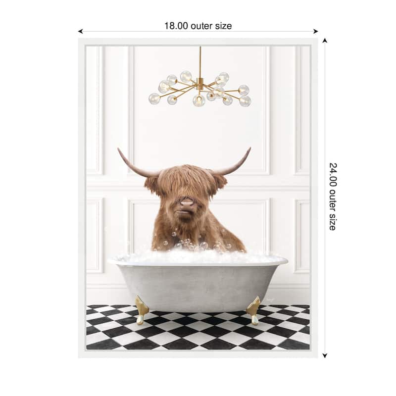 Kate and Laurel Sylvie Highland Cow in Gray Bathtub Checker Floor Framed Canvas by Amy Peterson