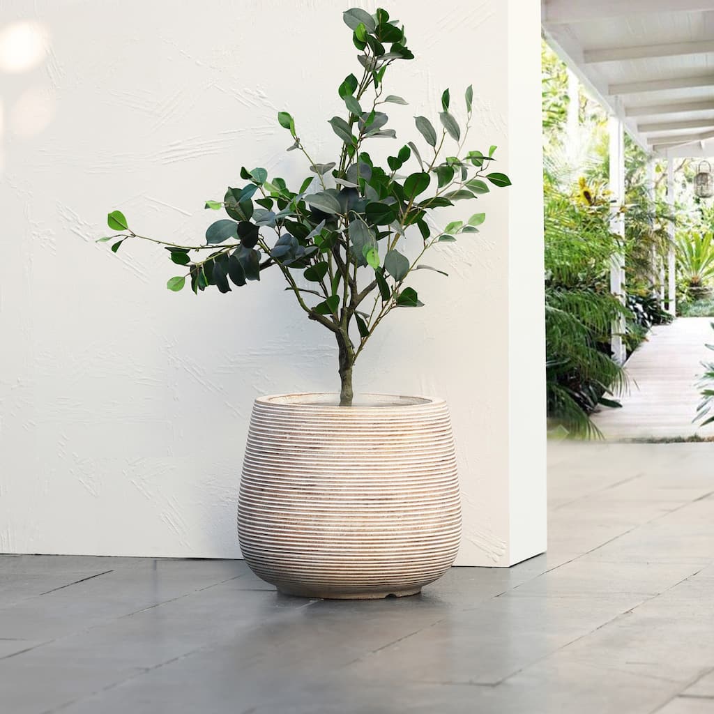 17.32" Diameter Handmade Distressed Fiber Stone Round Pot Planters - 15" H x 17.32" Diameter