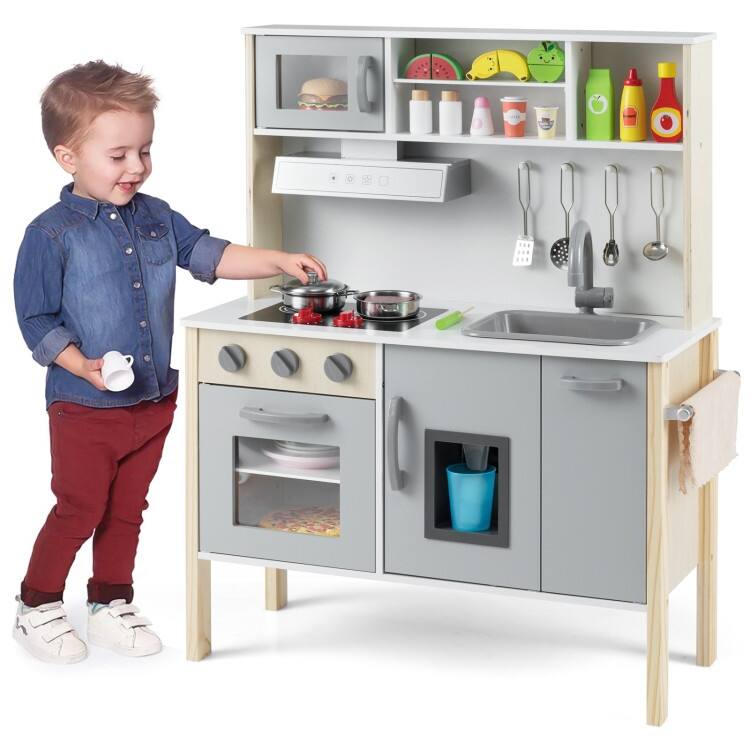 Wooden Pretend Play Kitchen Set for Toddlers - 28"L x 12"W x 35.5"H