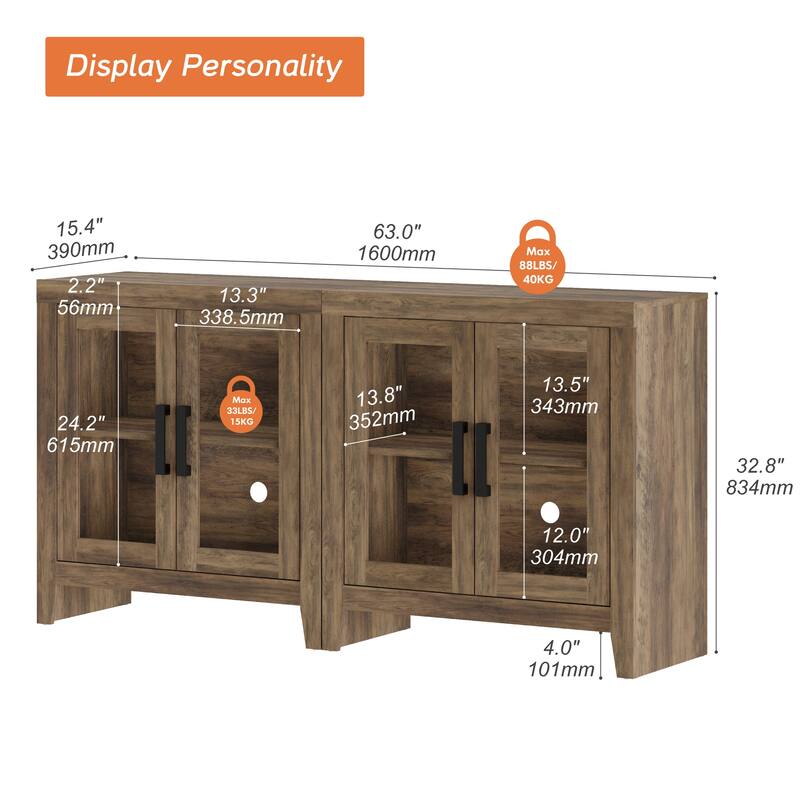 WAMPAT Modern Farmhouse TV Stand, Entertainment Center with Tempered Glass Doors & Adjustable Shelves