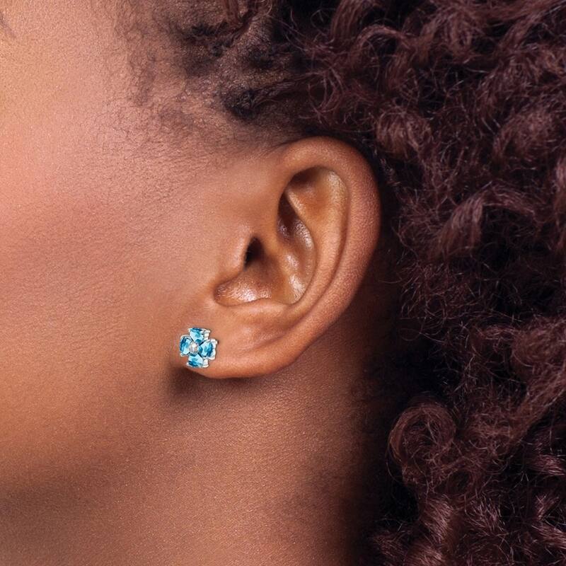 Curata 925 Sterling Silver Polished Rhodium 9mm Swiss Blue Topaz Flower Post Earrings
