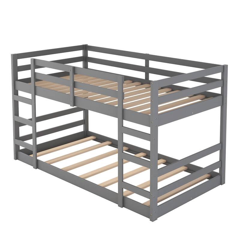 Solid Pine Twin Bunk Bed, Ladder, Full-length Guardrail, Space-Saving