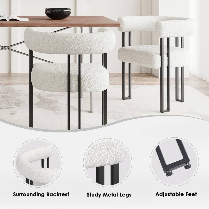 Set of 2 Upholstered Dining Chairs, Bouclé Fabric Accent Chairs with Metal Frame, with Cushioned Seat & Back