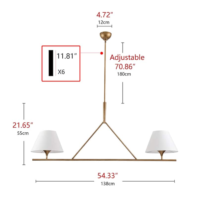 Farmhouse 2-Light Linear Kitchen Island Chandelier with White Fabric Lampshades