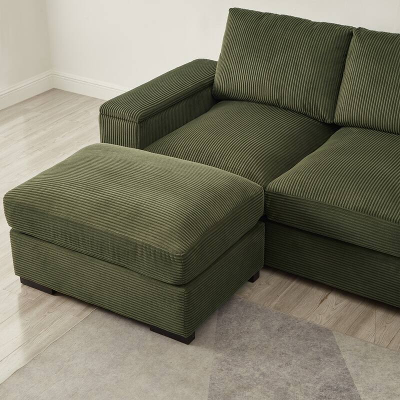 U-shaped corduroy sofa with removable footstool and storage armrests