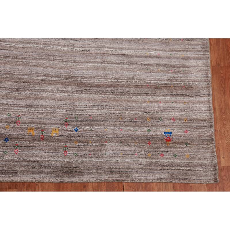 Striped Brown Gabbeh Indian Area Rug Hand-Knotted Wool Carpet - 8'1" x 9'8"