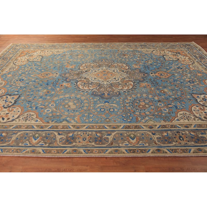 Traditional Blue Floral Tabriz Persian Rug Handmade Wool Carpet - 9'8"x 12'9"