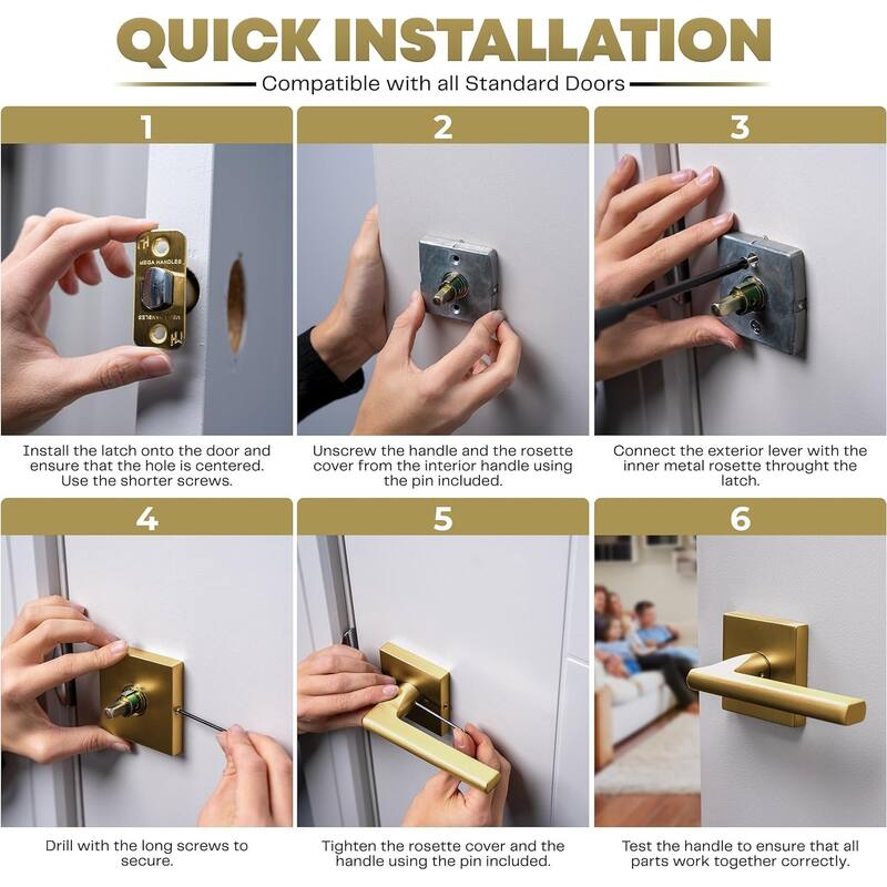 Mega Handles PRIME Reversible Passage Door Levers with Square Rosette | Modern Interior Handle for Bedroom, Bathroom, Hallway