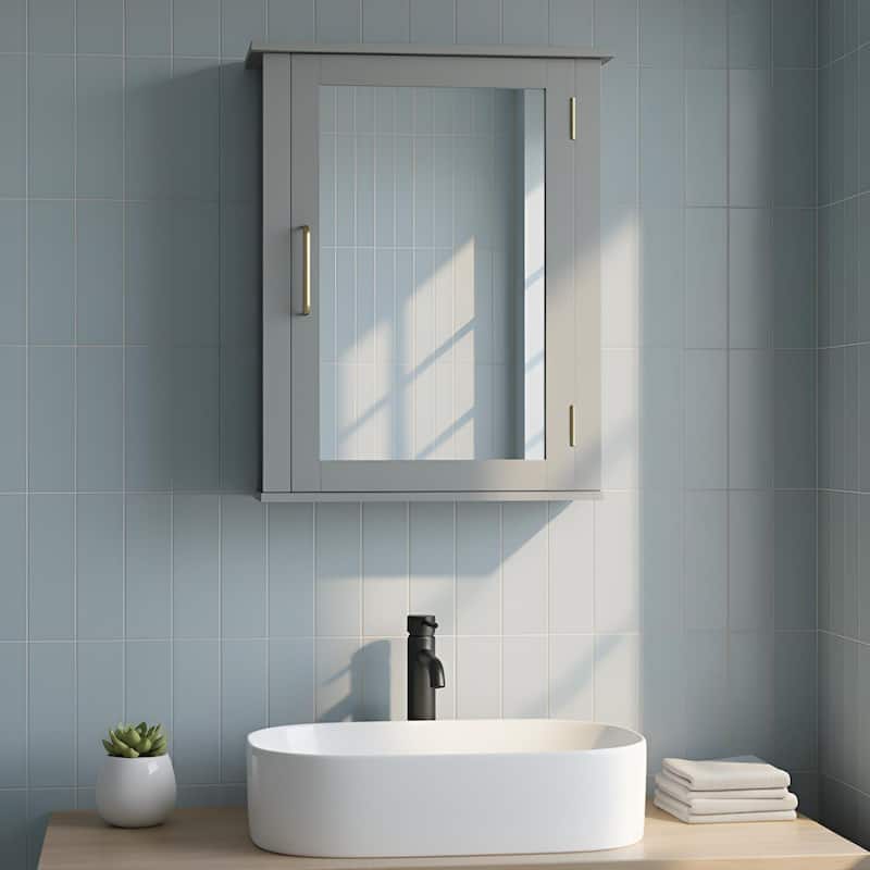 Teamson Home Mercer Gray Mid-Century Modern Medicine Cabinet, Mirrored Door, Adjustable Shelf, Removable Wall Storage