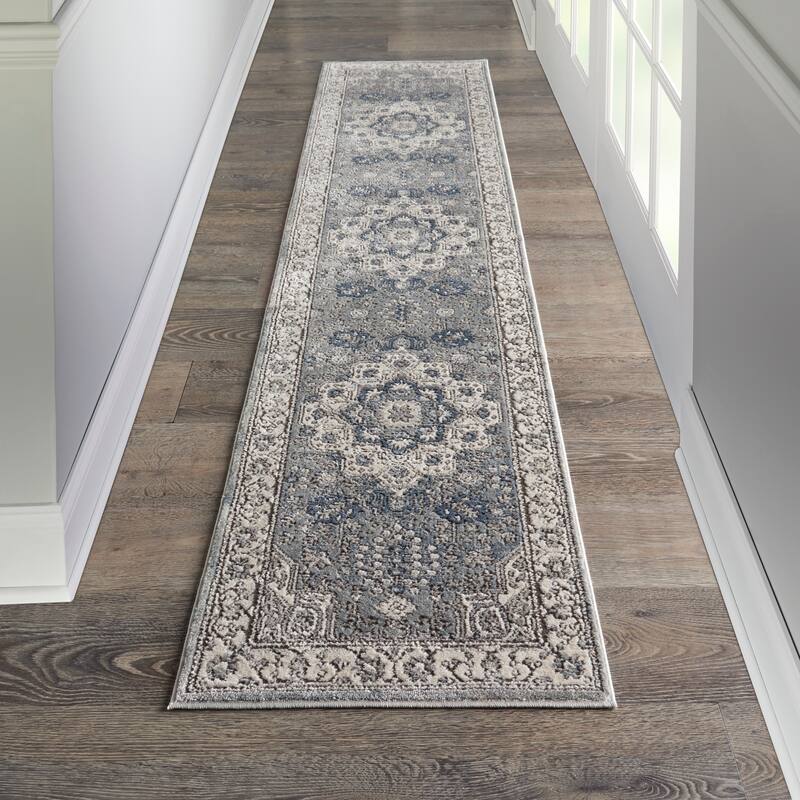 Porch & Den Traditional Bordered Medallion Area Rug - 2' 2" x 10' - Grey/Ivory
