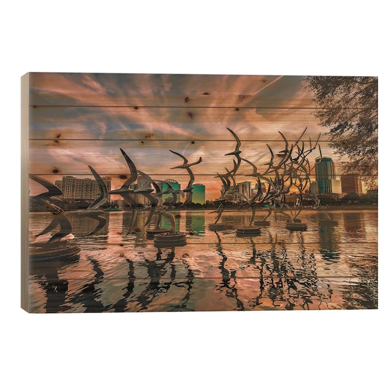 Florida Orlando Downtwon Lake Eola Art Sunset Print On Wood by Alex G