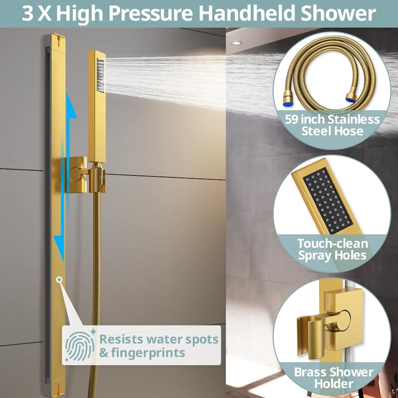 64 LED Thermostatic Shower Faucet 22"x15" Rainfall & Waterfall Shower System 5 Way Digital Display Valve w/ 6 Body Jets