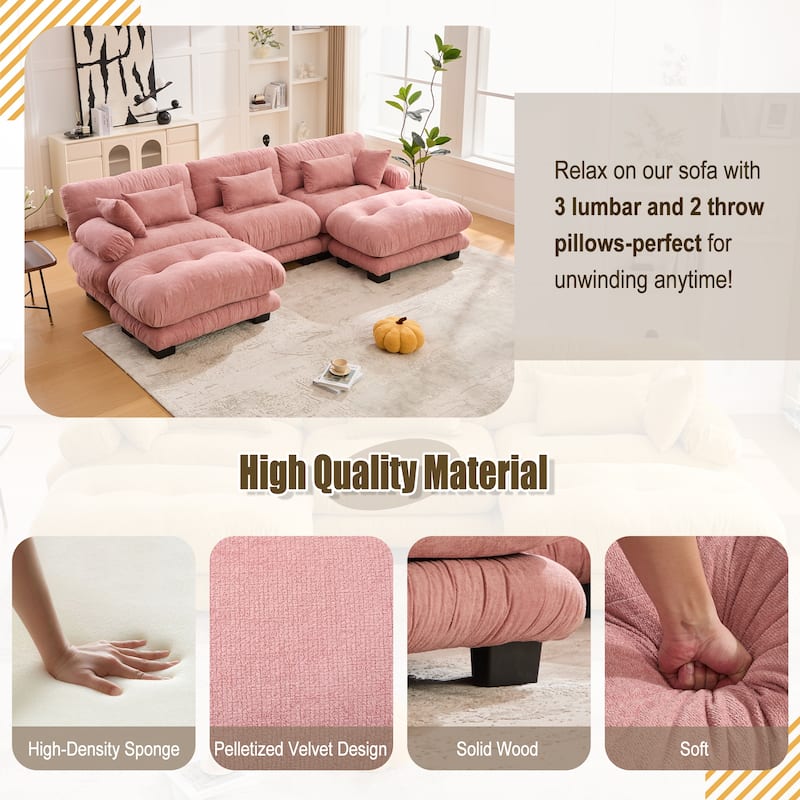 Pelletized Velvet U-shaped Sectional Sofa Modular Chaise Lounge Couch with 2 Ottomans, Deep Seat, Bolster Arms and Pillows