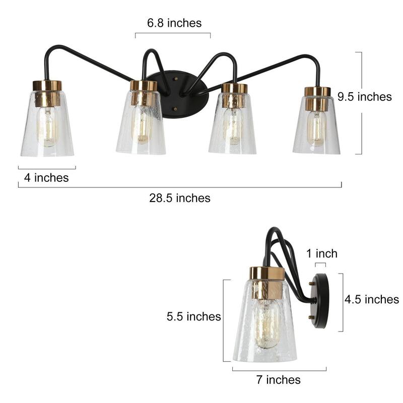 Modern Farmhouse 4-Light Black Gold Bathroom Vanity Lights Dimmable Seeded Glass Wall Lighting - 28.5" L x 7" W x 9.5" H