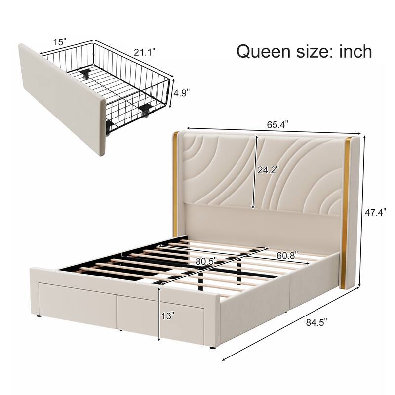 Velvet Upholstered Platform Bed with Smart Ambient Strip Lights Wingback Headboard, and Endbed Pull-out Storage Drawers