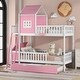 preview thumbnail 1 of 16, Twin over Twin Bunk Bed with Twin Size Trundle,Farmhouse Bed with Drawer and Storage Box,Housebed Pink