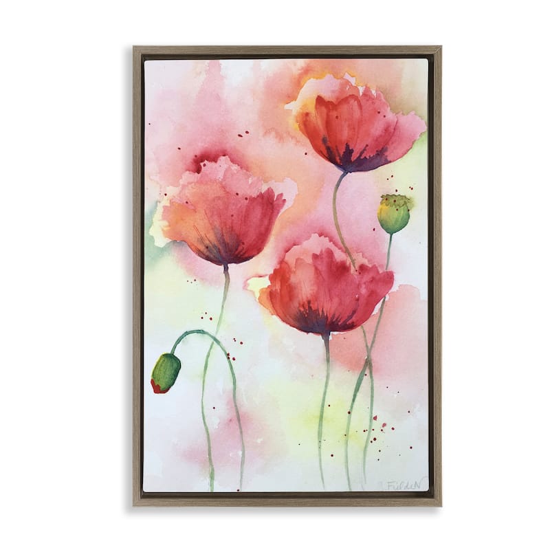 Stupell Red Poppies with Speckles Framed Floater Canvas Wall Art Design By Stephanie Fielden - 21 x 31 - Brown