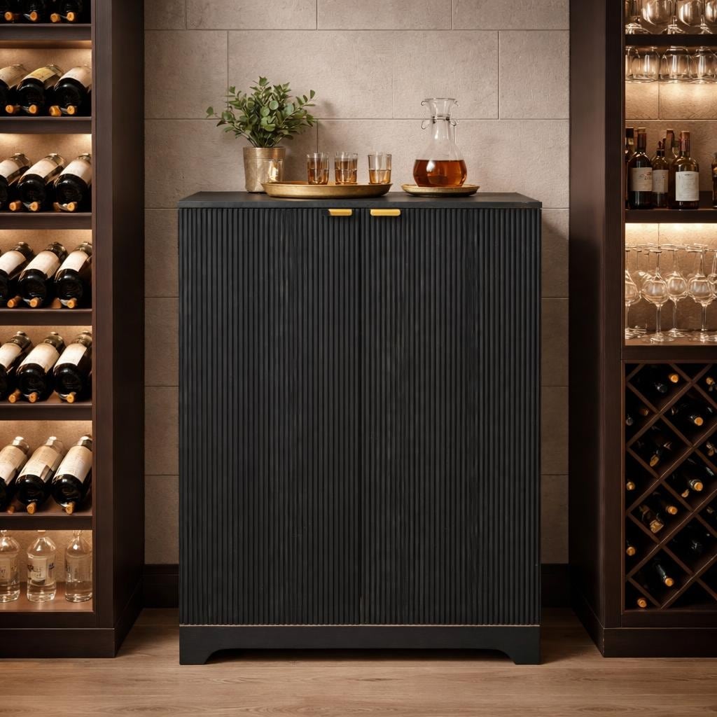 Midnight Fluted Wood Bar Cabinet with Wine Storage - N/A