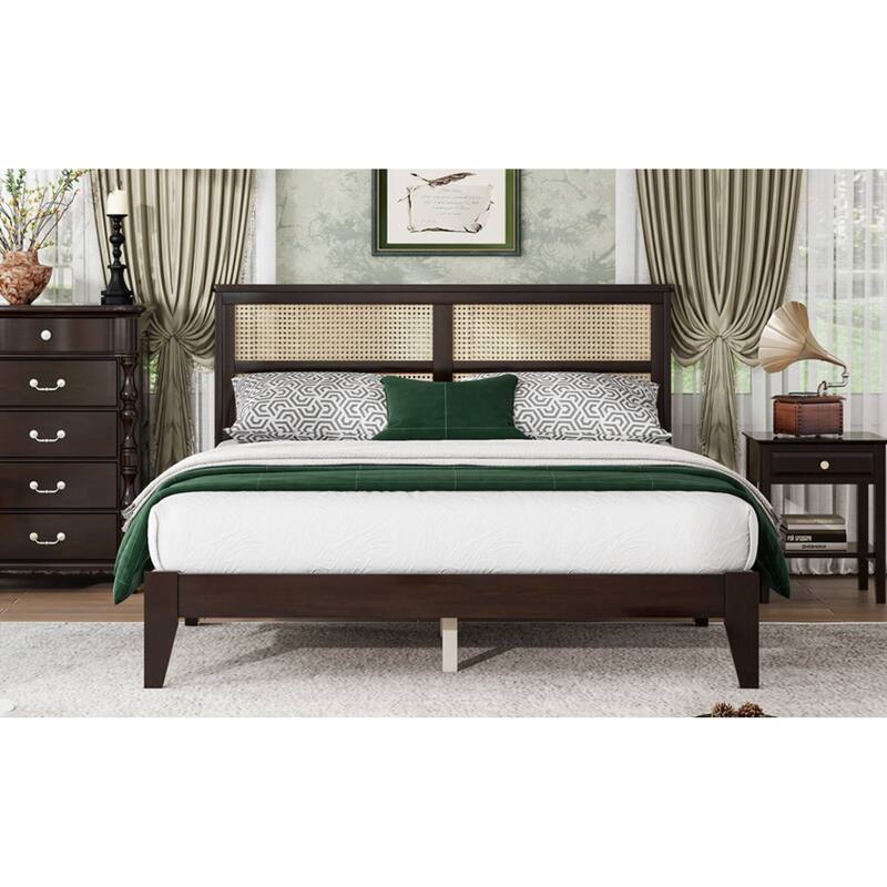 Roomfitters Queen Solid Rubber Wood Bed Frame with Rattan Headboard, Reinforced Support Feet Platform Design, Espresso