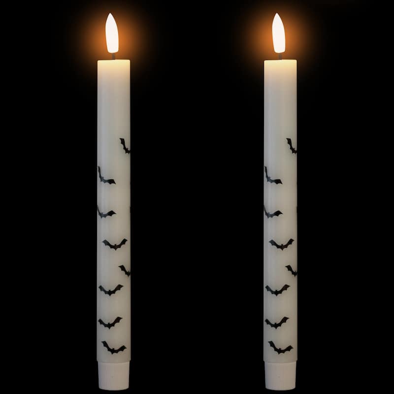 LED Flickering Flameless Wax Tapered Flying Bats Halloween Candles - 9.75" - Set of 2