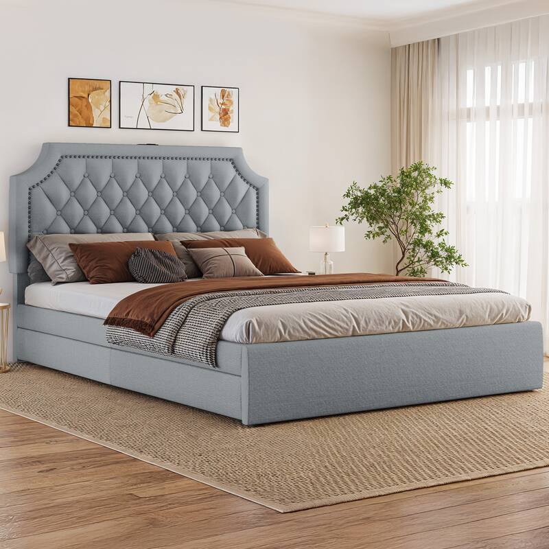 Moasis Velvet/Linen Upholstered Bedframe with Adjustable Headboard and 4 Storage Drawers - Linen Grey - Queen